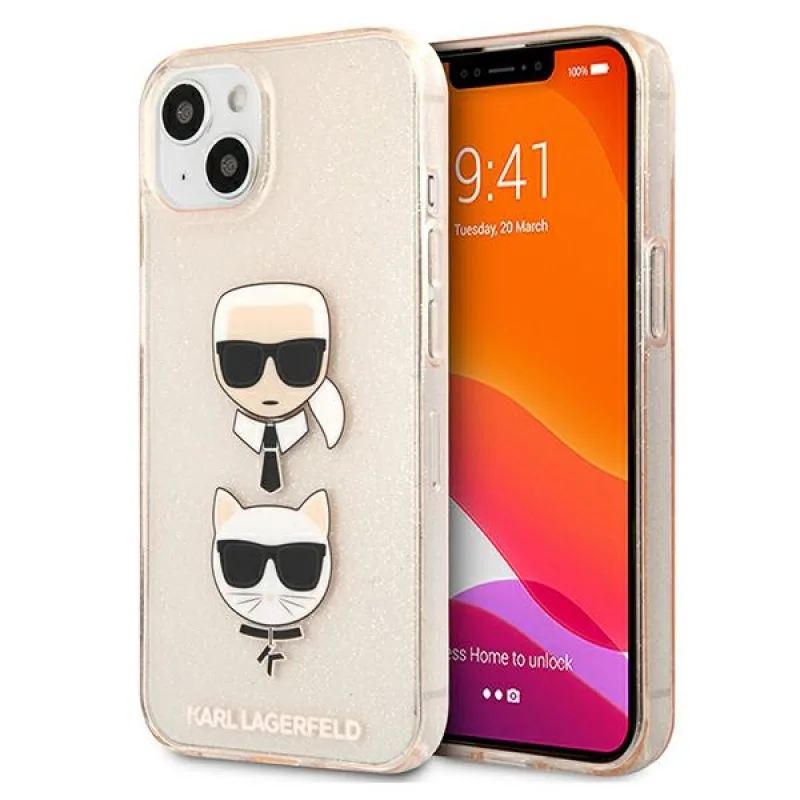Karl Lagerfeld Glitter Karl's & Choupette Head Case pre iPhone 13 mini – zlatý