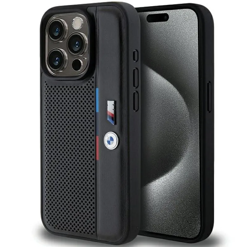 Puzdro BMW Perforated Tricolor Line pre iPhone 15 Pro - čierne