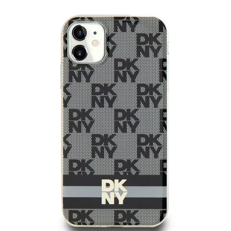DKNY IML kockovaný mono vzor a tlačené prúžky MagSafe Case pre iPhone 11 / Xr - čierny