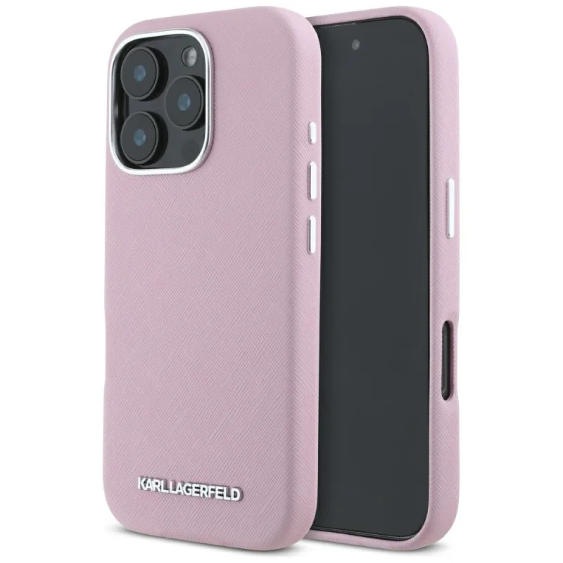 Karl Lagerfeld Saffiano celé zabalené predĺžené kovové logo MagSafe iPhone 16 Pro Max Case – ružové