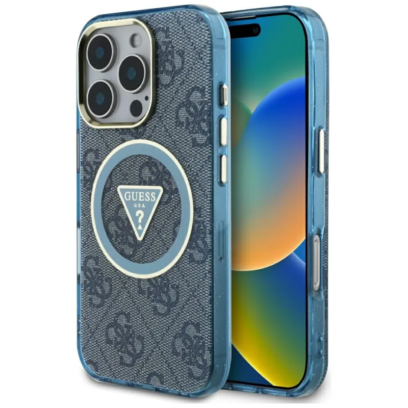 Guess IML Metal Glitter 4G Circle Triangle MagSafe Case pre iPhone 16 Pro Max – modrý