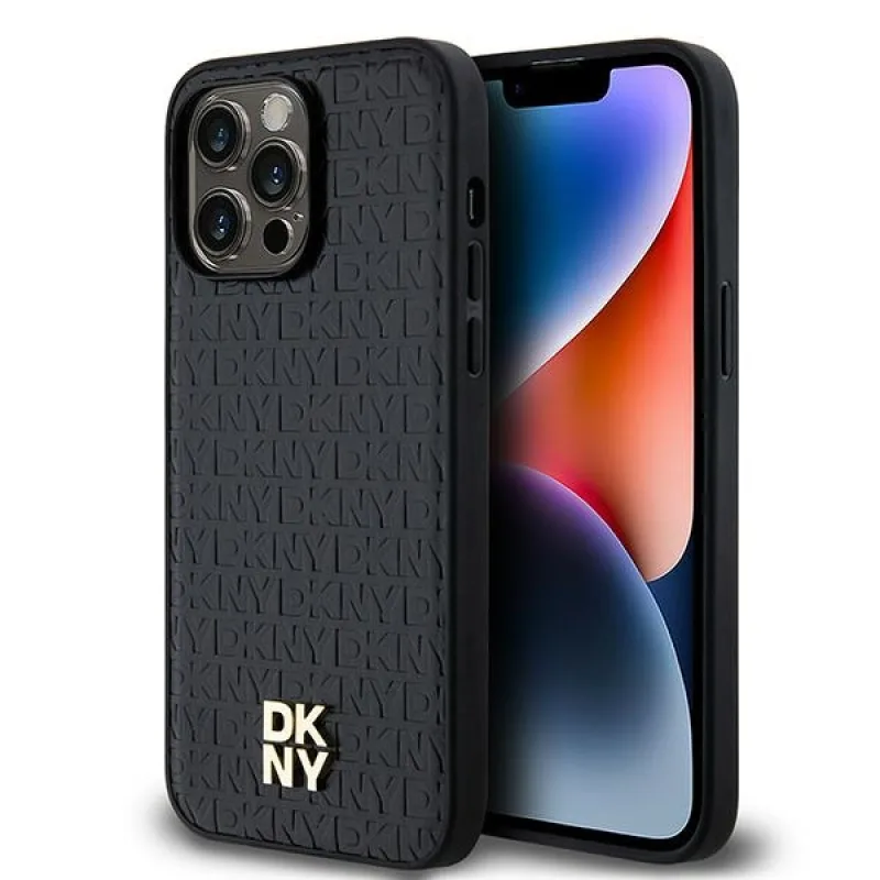 Kožený vzor DKNY s monogramom Kovové logo MagSafe Case pre iPhone 14 Pro Max – čierny