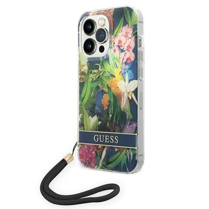 Guess GUOHCP14LHFLSB iPhone 14 Pro 6,1 "modro/modré pevné puzdro Flower Strap