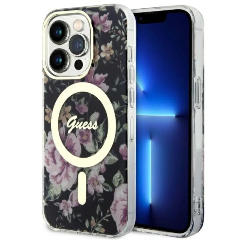 Guess GUHMP14LHCFWSK iPhone 14 Pro 6,1" čierno-čierne pevné puzdro Flower MagSafe