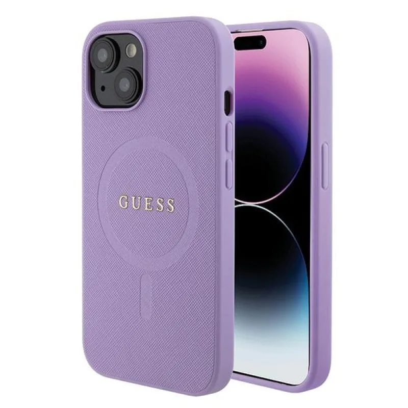 Puzdro Guess Saffiano MagSafe pre iPhone 15 Plus - fialové