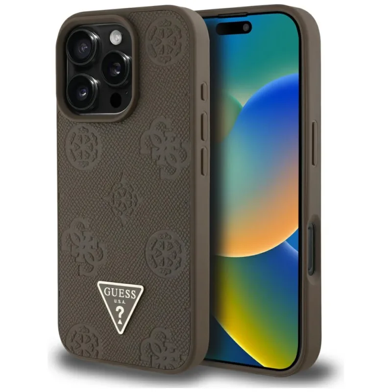 Guess Grained Hot Stamp Pivoňka s logom trojuholníka Puzdro MagSafe iPhone 16 Pro Max – hnedé