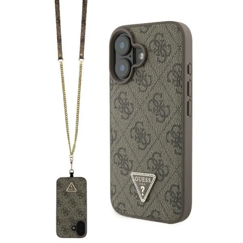 Guess Leather Metal Logo Strass Crossbody Case pre iPhone 16 – hnedý