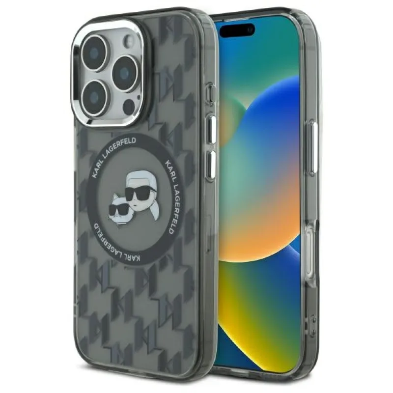 Karl Lagerfeld IML Monogram Karl & Choupette Head Puzdro MagSafe iPhone 16 Pro – čierne