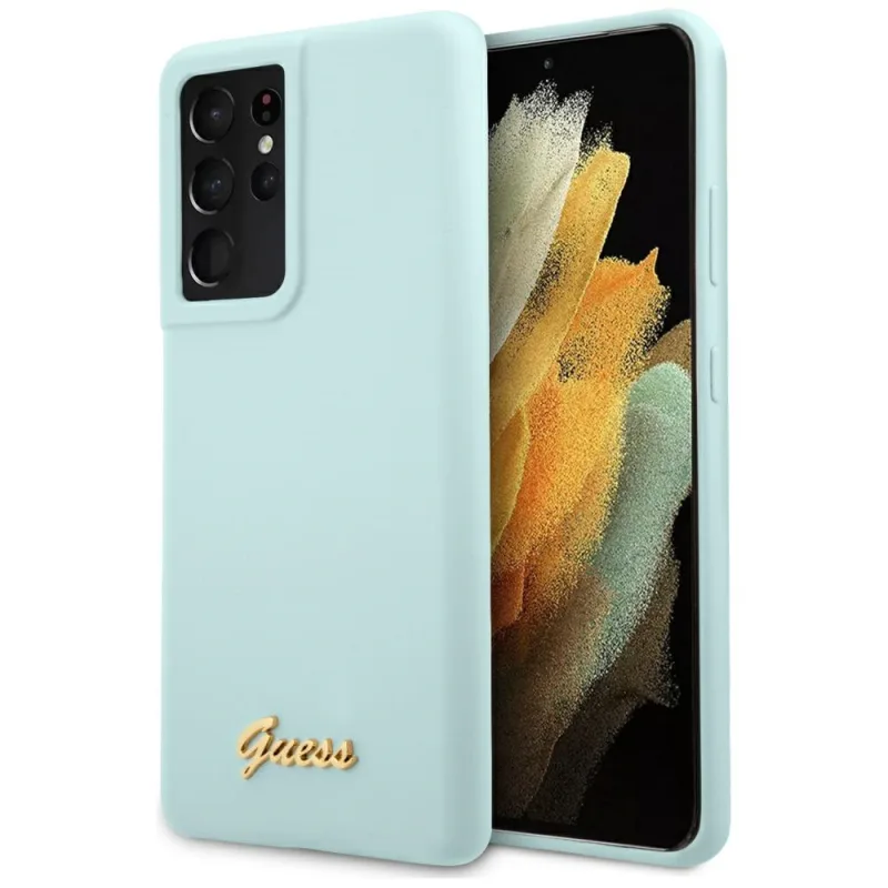 Guess GUHCS21LLSLMGLB S21 Ultra G998 modro/modré pevné puzdro Silicone Script Metal Logo