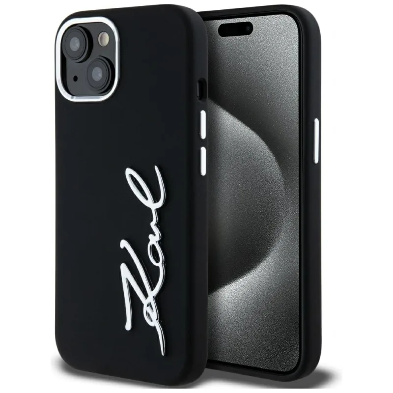 Kryt na iPhone 15 s silikónovým kovovým písmom Karl Lagerfeld – čierny