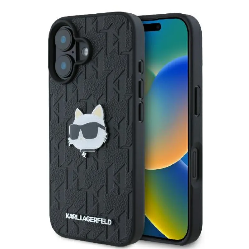 Karl Lagerfeld Monogram Choupette Head Pin Puzdro na iPhone 16 – čierne