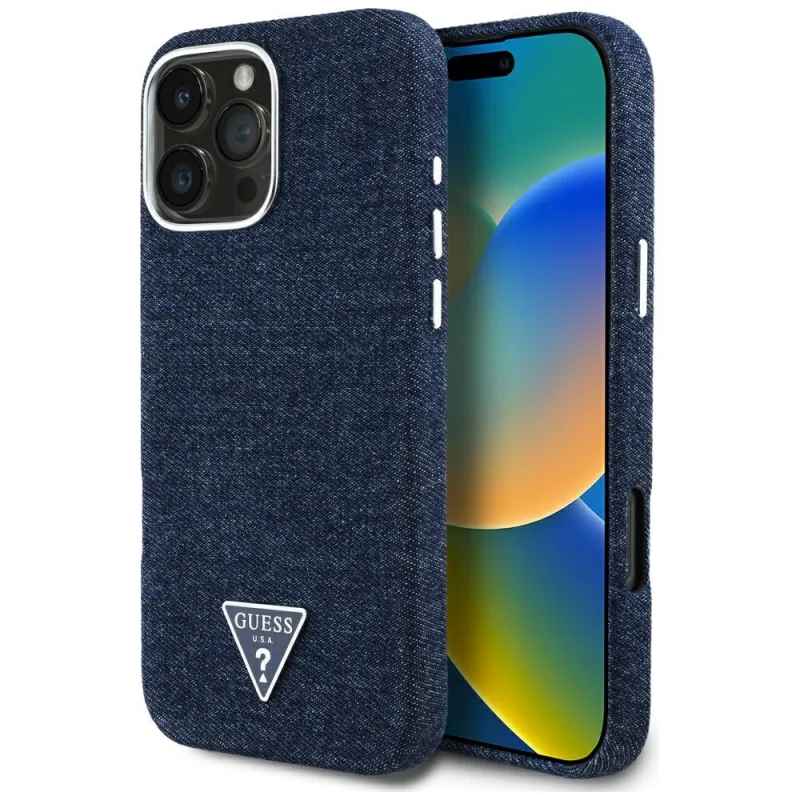 Puzdro Guess Denim Triangle Logo MagSafe iPhone 16 Pro Max – modré