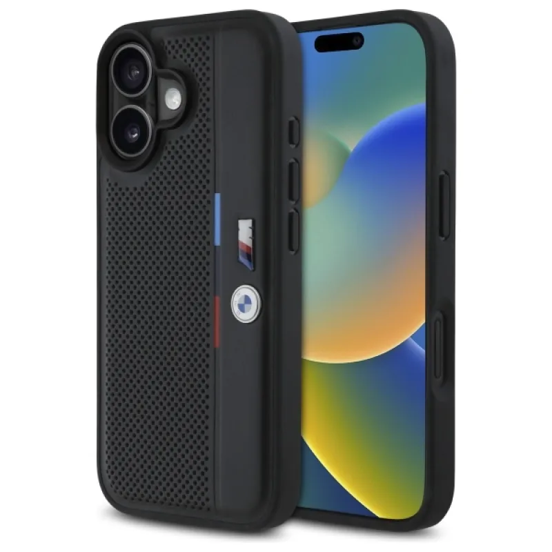 BMW M Perforated Tricolor Detail Line Puzdro na iPhone 16 – čierne