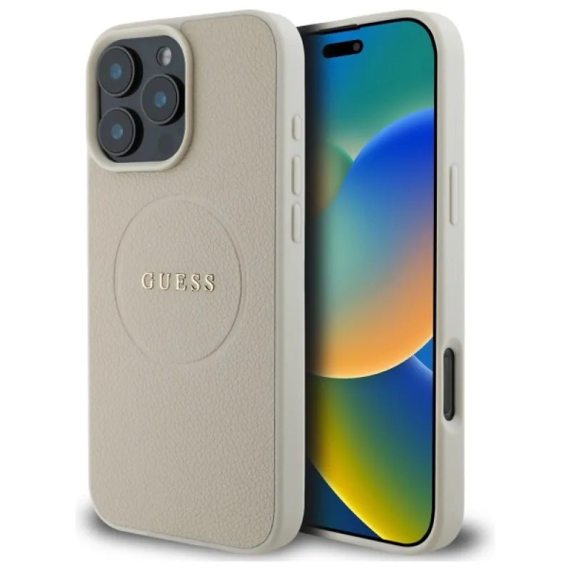 Puzdro Guess Grained Gold Ring MagSafe pre iPhone 16 Pro Max – béžové