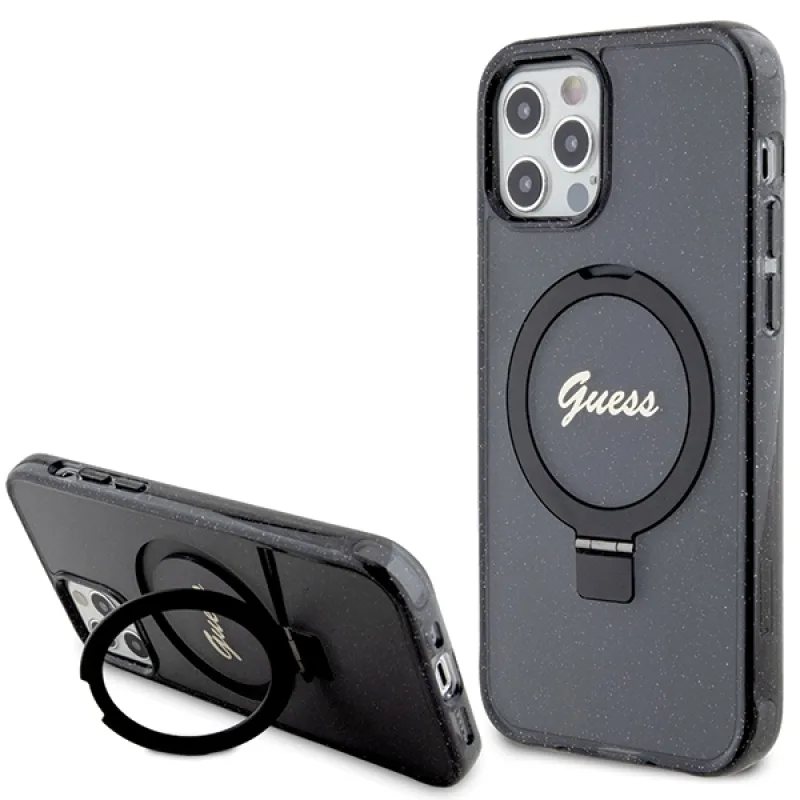 Guess Ring Stand Script Glitter MagSafe puzdro pre iPhone 12/12 Pro - čierne