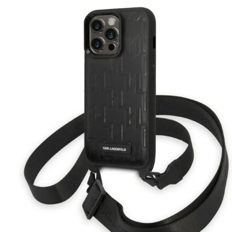 Karl Lagerfeld KLHCP14LSTMMK pevné puzdro iPhone 14 Pro 6,1" čierno/čierny remienok s plaketou s monogramom