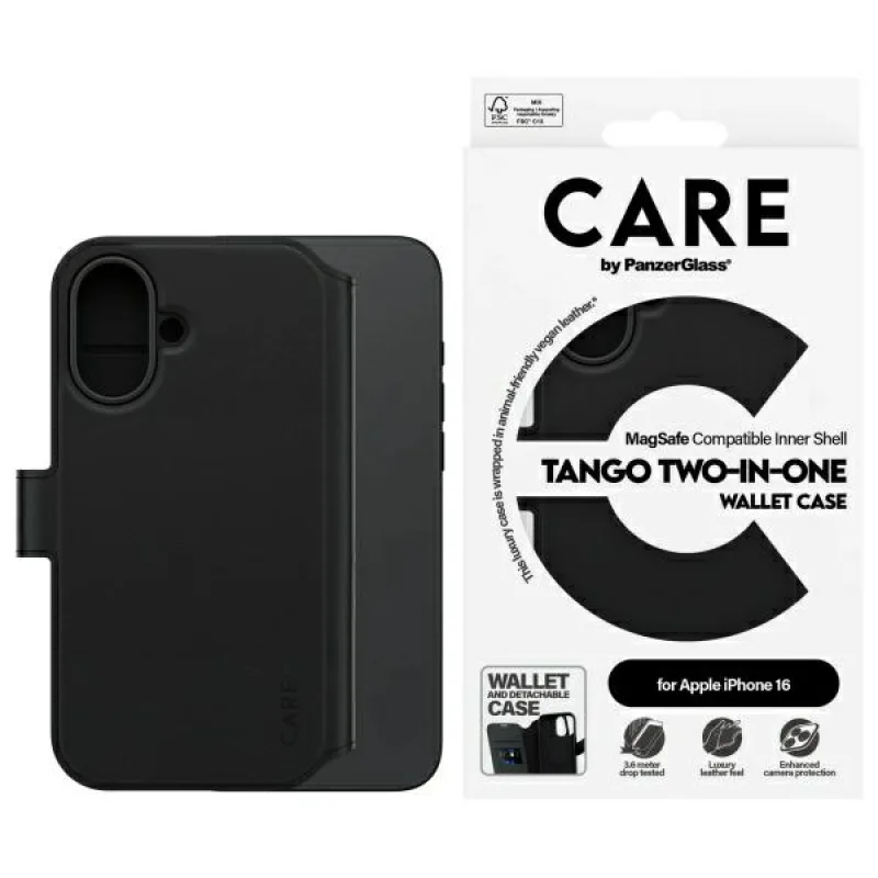 CARE by PanzerGlass Feature Tango 2v1 peňaženkové puzdro MagSafe pre iPhone 16 – čierne