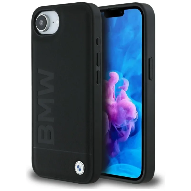Kožené puzdro BMW Hot Stamp na iPhone 16e – čierne