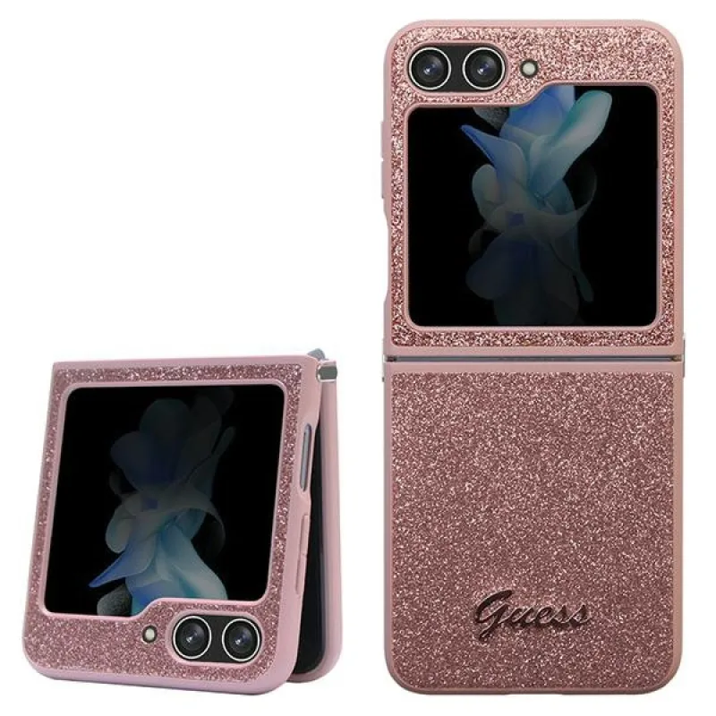 Puzdro Guess Glitter Script pre Samsung Galaxy Z Flip 5 - ružové