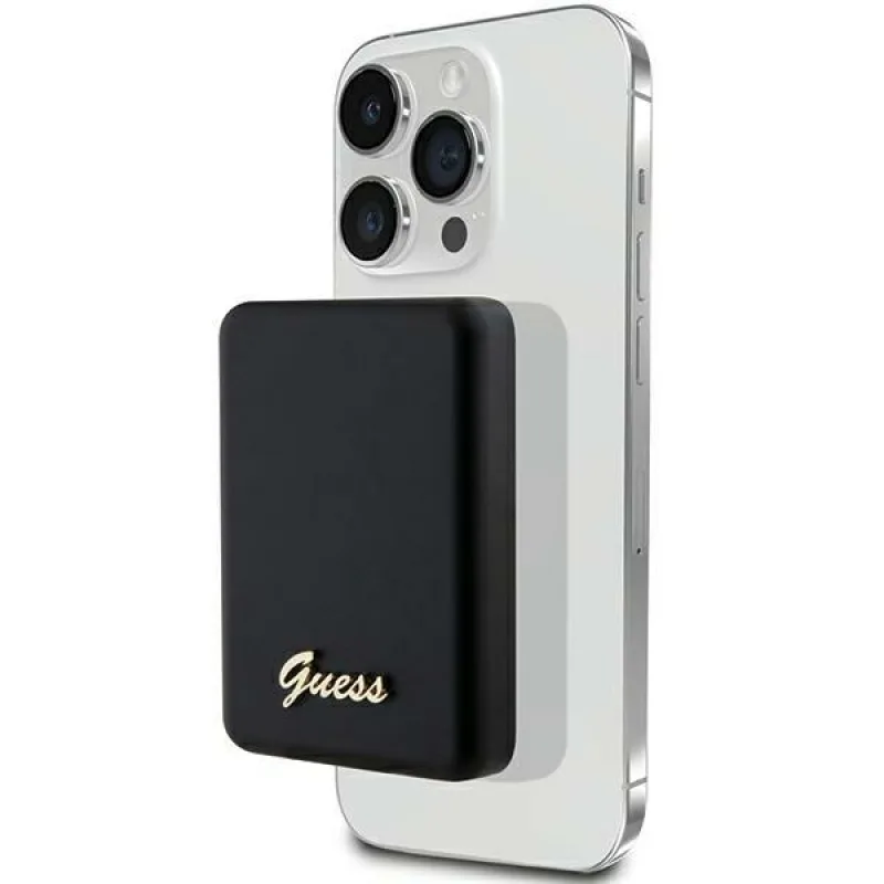 Indukčná power banka Guess MagSafe Metal Script Logo 5W 3000mAh - čierna