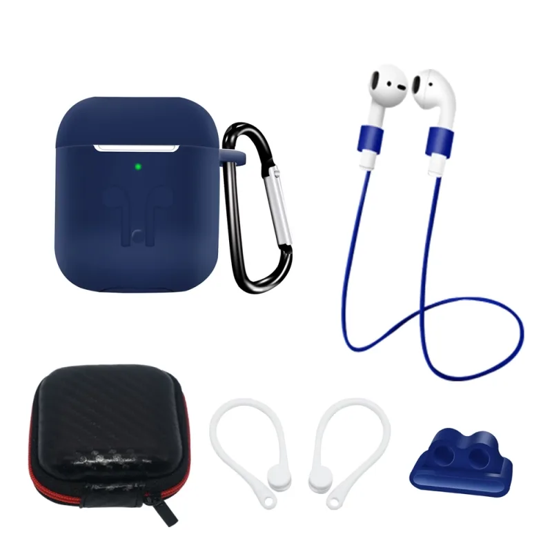 Sada AirPods 2 / AirPods 1 silikónové puzdro + puzdro / háčik na uši / remienok na krk / držiak remienka na hodinky / karabína - modrá