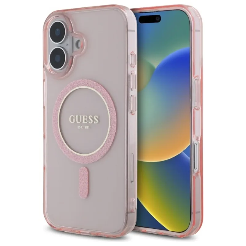 Guess GUHMP16SHFGEREP iPhone 16 6,1" ružovo-ružové pevné puzdro IML Glitter Circle MagSafe