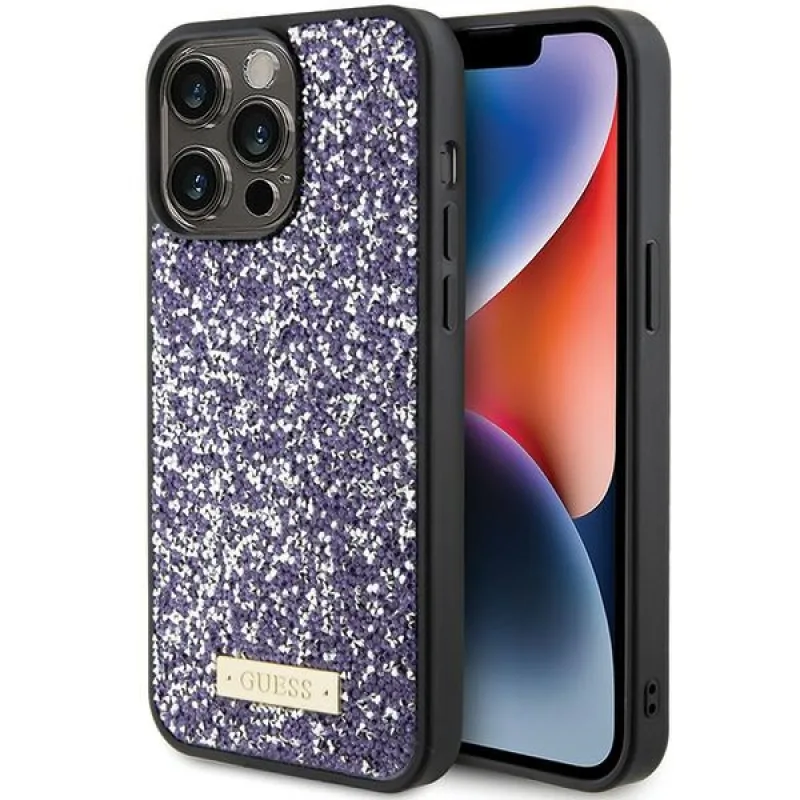 Puzdro Guess Rhinestone Metal Logo pre iPhone 15 Pro - ružové