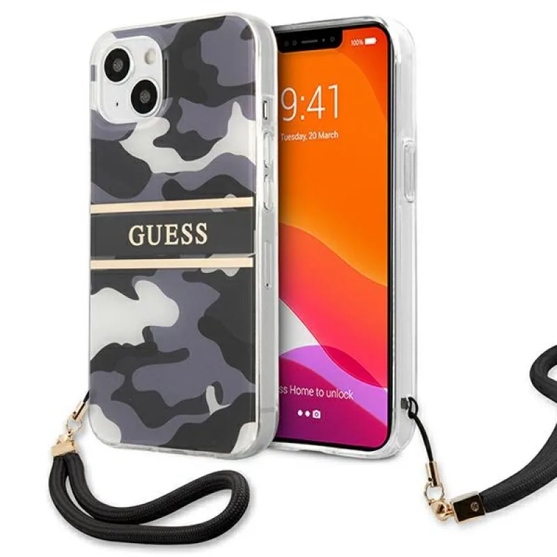 Guess GUHCP13MKCABBK iPhone 13 6,1" čierne/čierne pevné puzdro Camo Strap Collection