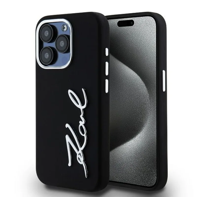 Obal Karl Lagerfeld Silicone Metal Script Logo pre iPhone 15 Pro - čierny