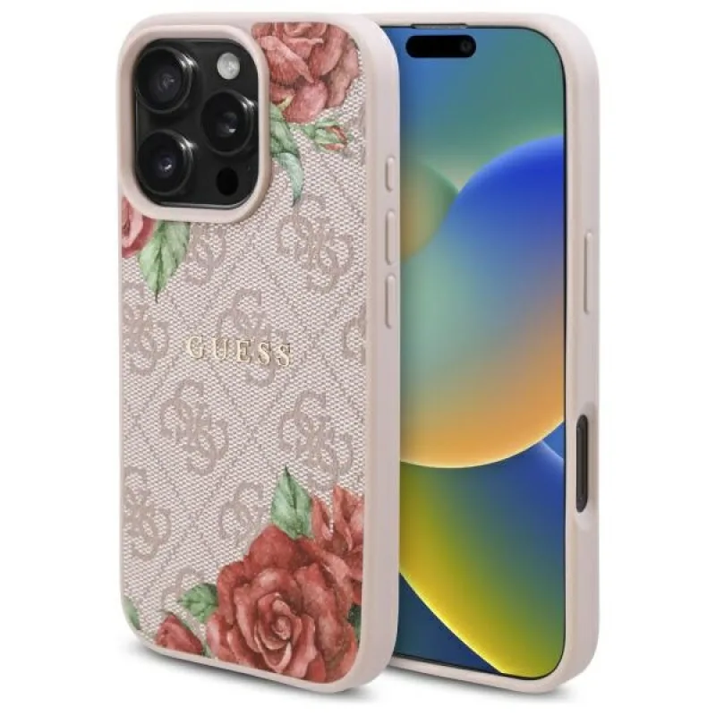 Guess GUHMP16LP4ROPEMCP iPhone 16 Pro 6,3" ružovo-ružové pevné puzdro 4G Flowers Print MagSafe