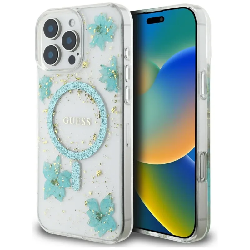 Puzdro Guess Resin Flowers Glitter MagSafe iPhone 16 Pro Max – priehľadné zelené