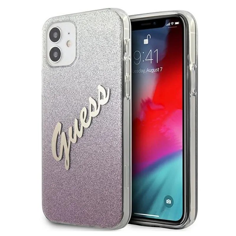 Guess GUHCP12SPCUGLSPI iPhone 12 mini 5,4" ružovo-ružové pevné puzdro Glitter Gradient Script