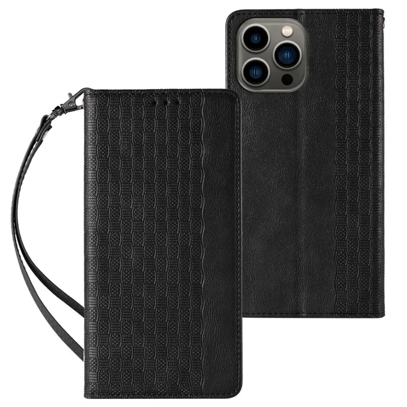 Puzdro s magnetickým popruhom pre iPhone 14 Flip Wallet Mini Stojan na šnúrku čierny