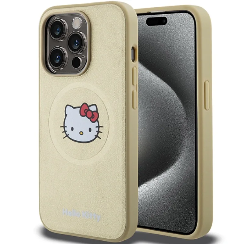 Kožené puzdro Hello Kitty Kitty Head MagSafe pre iPhone 13 Pro / 13 - zlaté