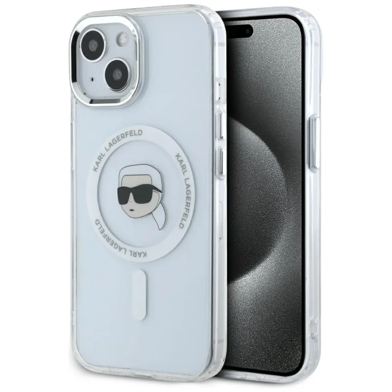 Karl Lagerfeld IML kovové puzdro Karl Head MagSafe pre iPhone 15 Plus White