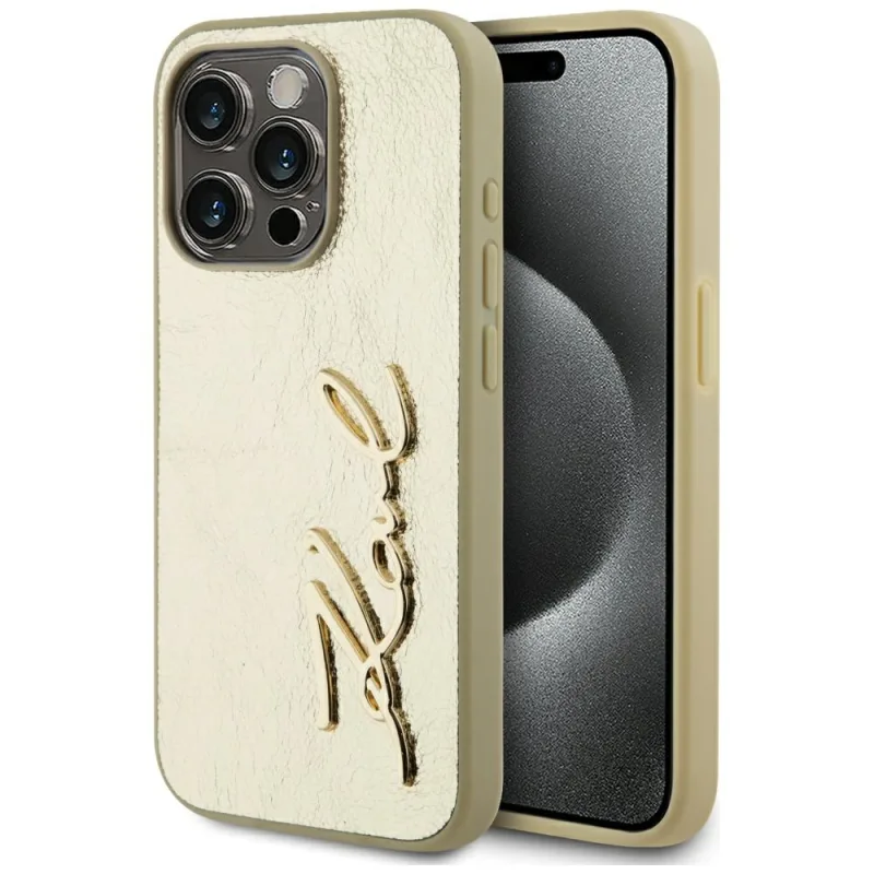 Kryt Karl Lagerfeld vrásčitý kovový podpis na iPhone 15 Pro Max – zlatý