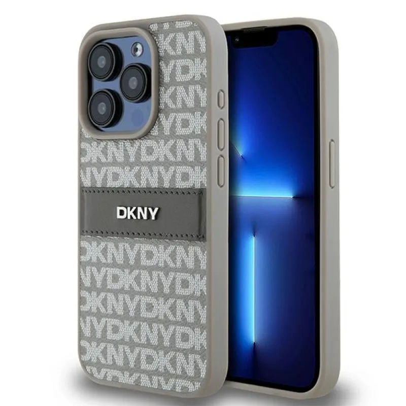 Obal DKNY Leather Mono Stripe & Metal Logo pre iPhone 15 Pro - béžový