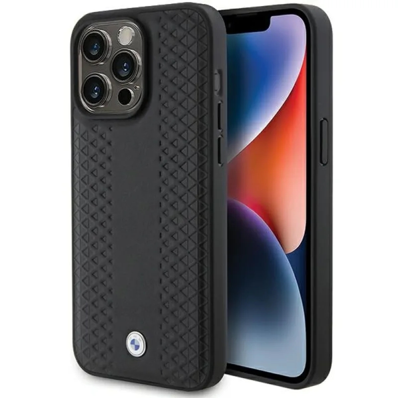 Kožené puzdro BMW Diamond Pattern pre iPhone 15 Pro Max - čierne
