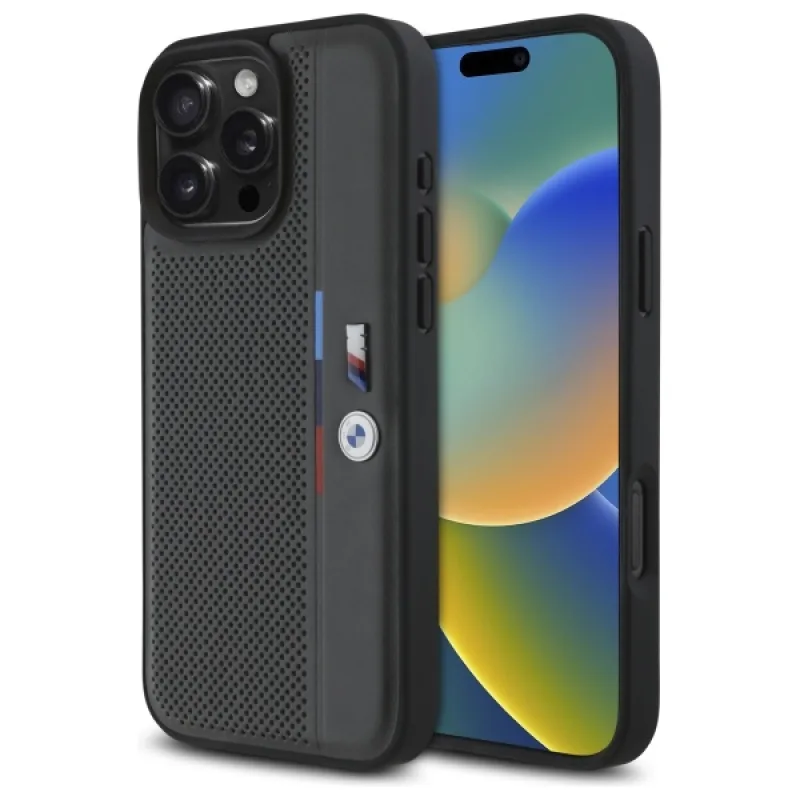 BMW M Perforated Tricolor Detail Line Puzdro na iPhone 16 Pro – tmavosivé