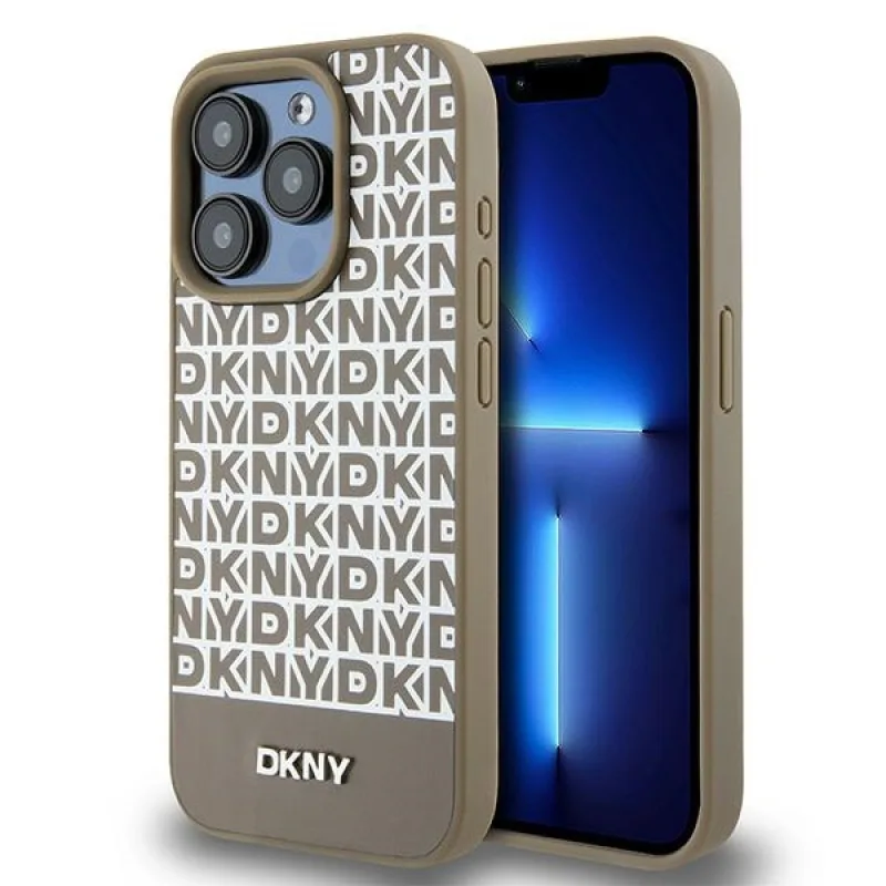 Kožené puzdro DKNY s potlačou kovového loga MagSafe pre iPhone 15 Pro – hnedé