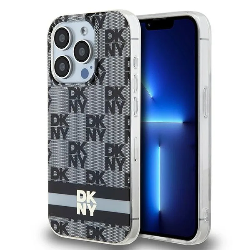 DKNY IML kockovaný mono vzor a tlačené prúžky MagSafe Case pre iPhone 15 Pro – čierne