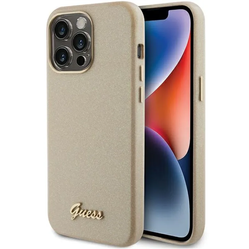 Guess Glitter Glossy Script puzdro pre iPhone 15 Pro - zlaté