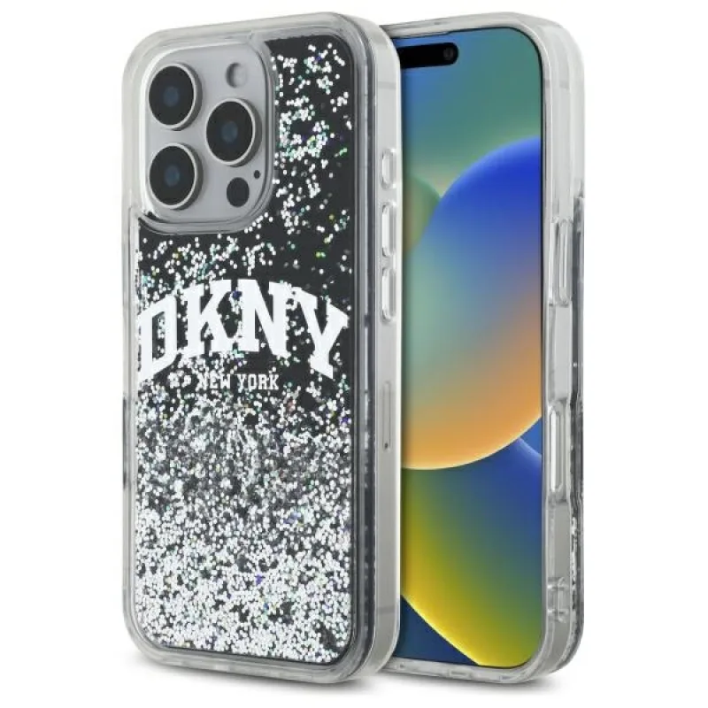 DKNY DKHCP16LLBNAEK iPhone 16 Pro 6,3" čierne/čierne pevné puzdro Liquid Glitter Arch Logo