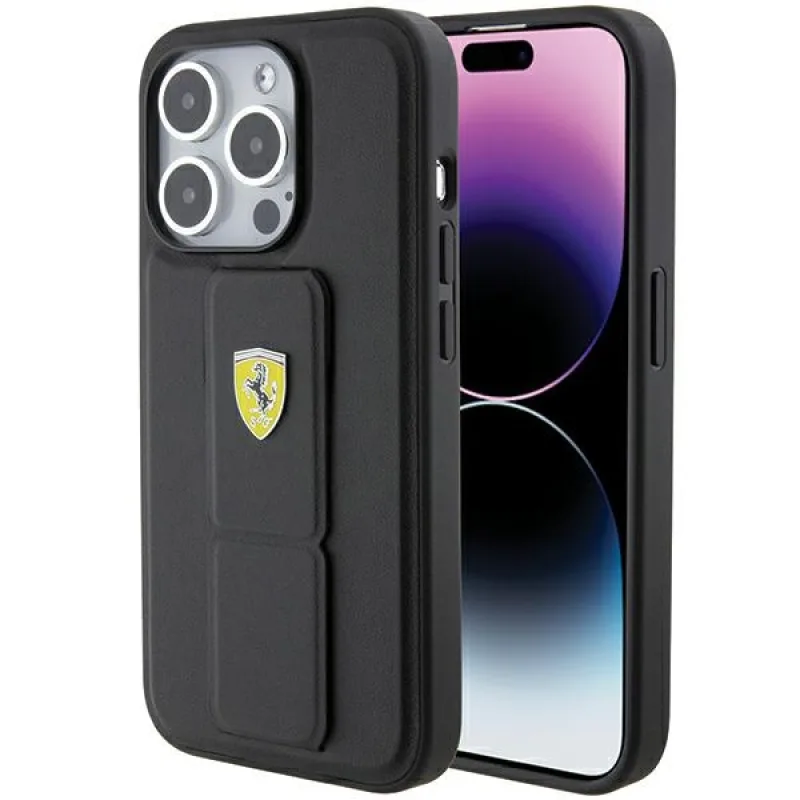 Kryt Ferrari Grip Stand Metal Logo pre iPhone 15 Pro Max - čierny