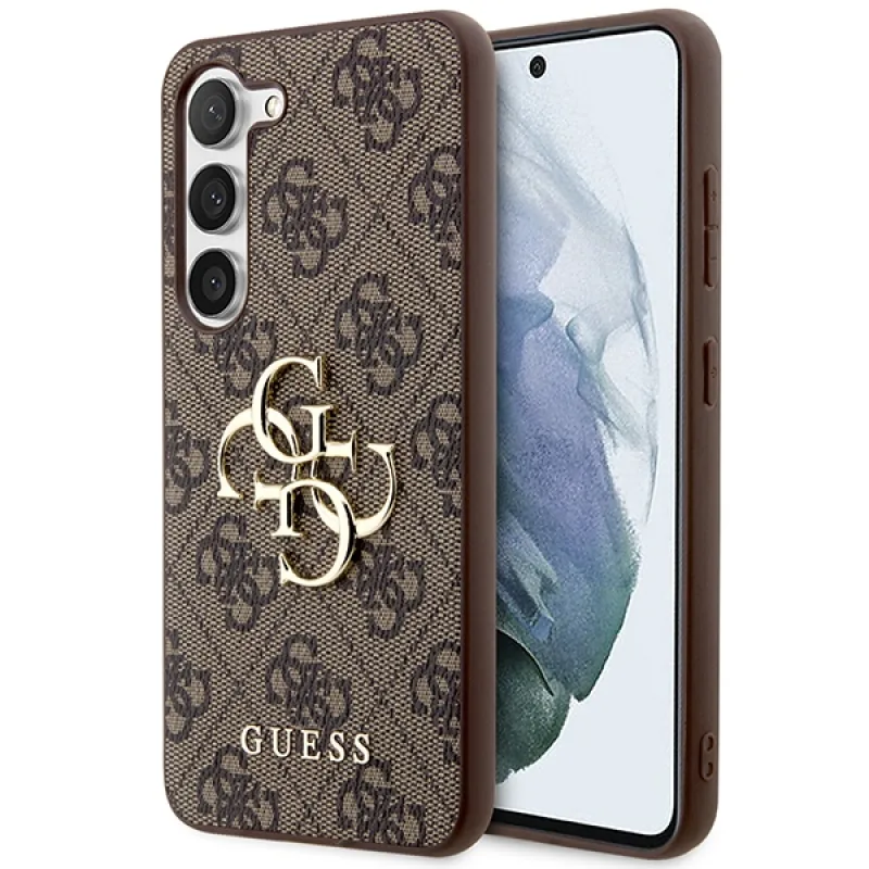 Guess 4G veľké kovové logo puzdro pre Samsung Galaxy S24+ – hnedé