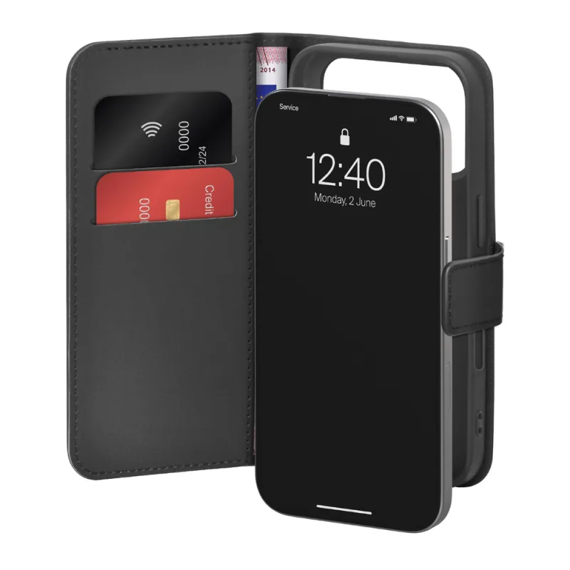 Puzdro Puro Wallet Stand Case pre iPhone 17 Pro vyrobené z ekokože, s funkciou chlopne, peňaženky a stojana – čierne