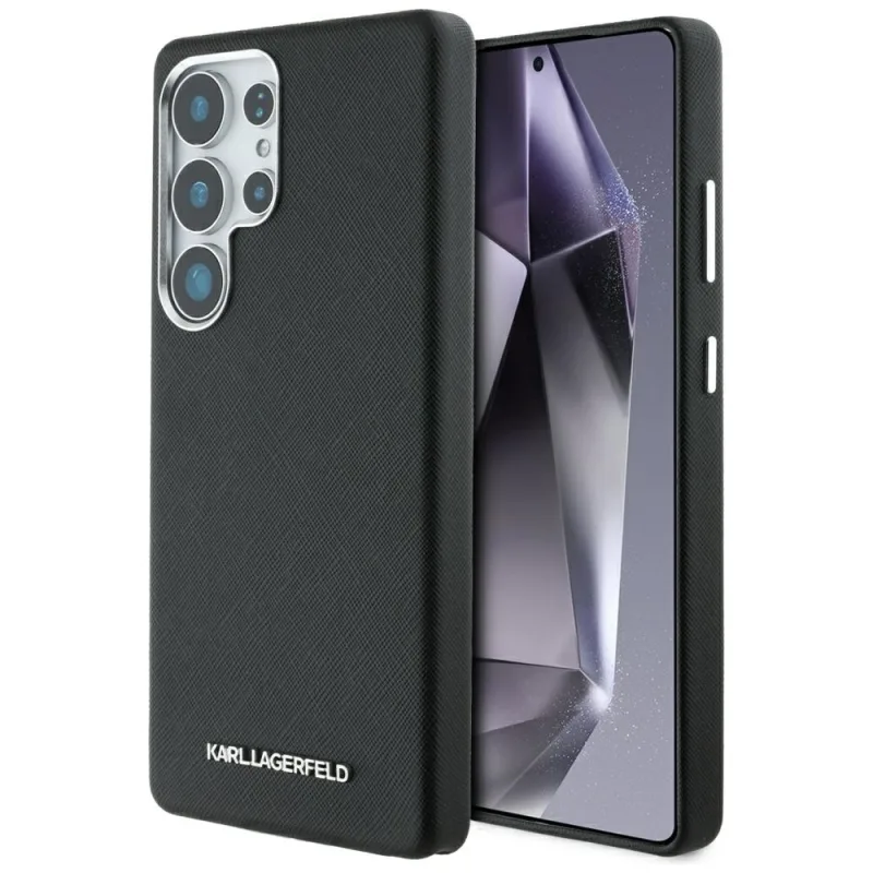 Karl Lagerfeld Saffiano celé zabalené predĺžené kovové puzdro MagSafe s logom pre Samsung Galaxy S25 Ultra – čierne