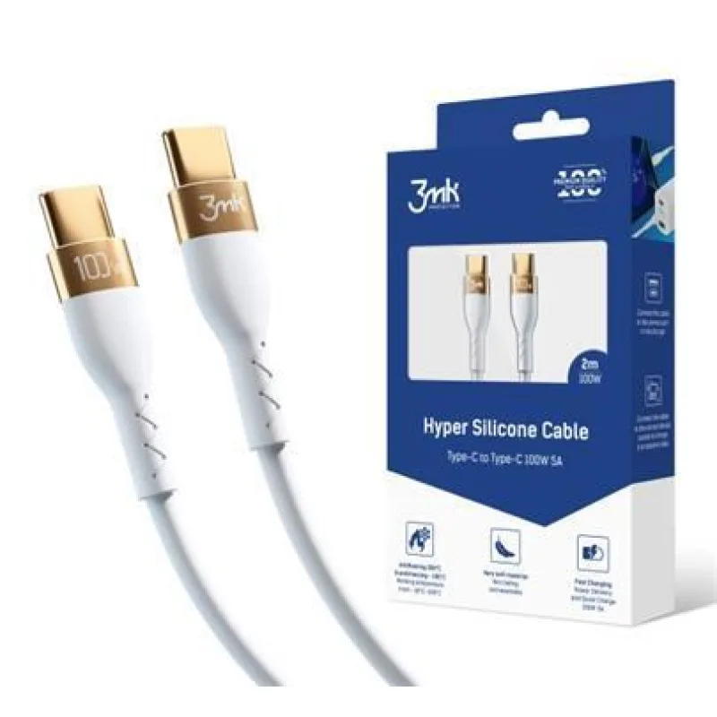 3mk datový kabel - Hyper Silicone Cable C to C 2m 100W, bílá…