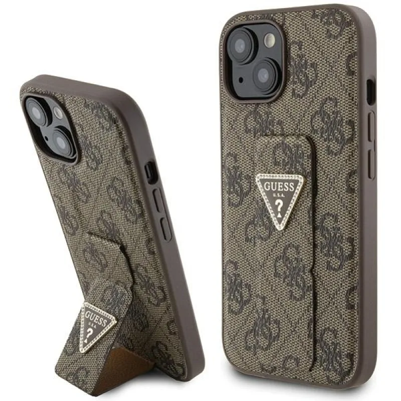 Guess Grip Stand 4G puzdro Triangle Strass pre iPhone 15 - hnedé