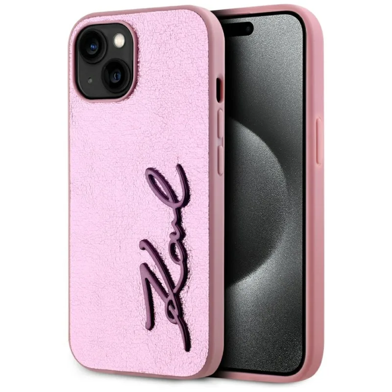 Karl Lagerfeld zvrásnené kovové puzdro na iPhone 15 Signature – ružové